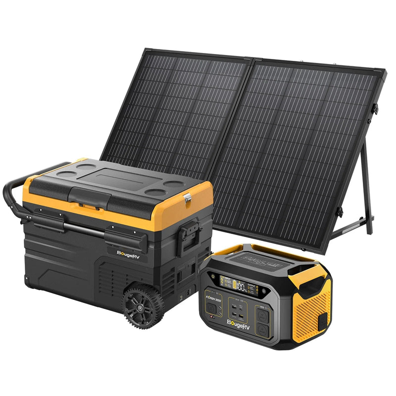 BougeRV Flash300 286Wh Power Station, 130W Solar Panel & 37QT Solar Fridge Freezer Kit