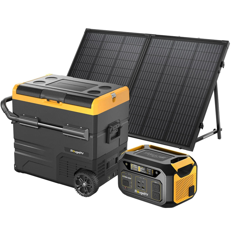 BougeRV Flash300 286Wh Power Station, 130W Solar Panel & 59QT Solar Fridge Freezer Kit