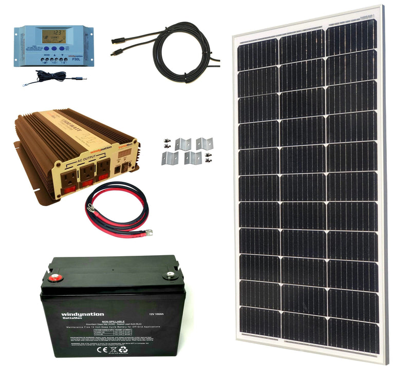Windy Nation 100W Monocrystalline Solar Panel Kits with P30L Charge Controller & 1500W Inverter