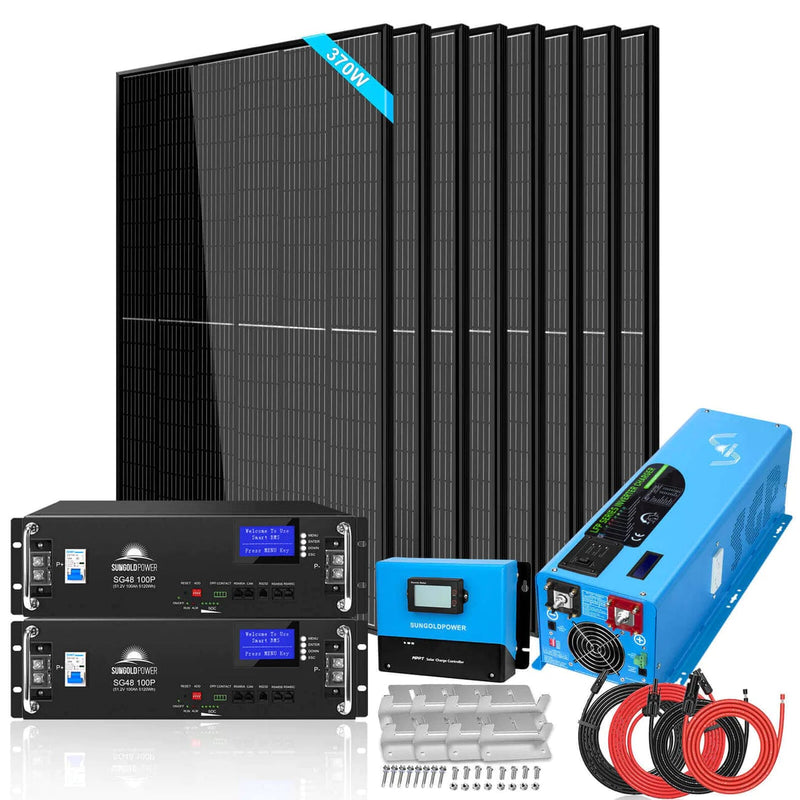 SunGoldPower Off-Grid 6000W 48VDC LifePo4 10.48KWH Server Rack Lithium Battery 8X370W Solar Kit