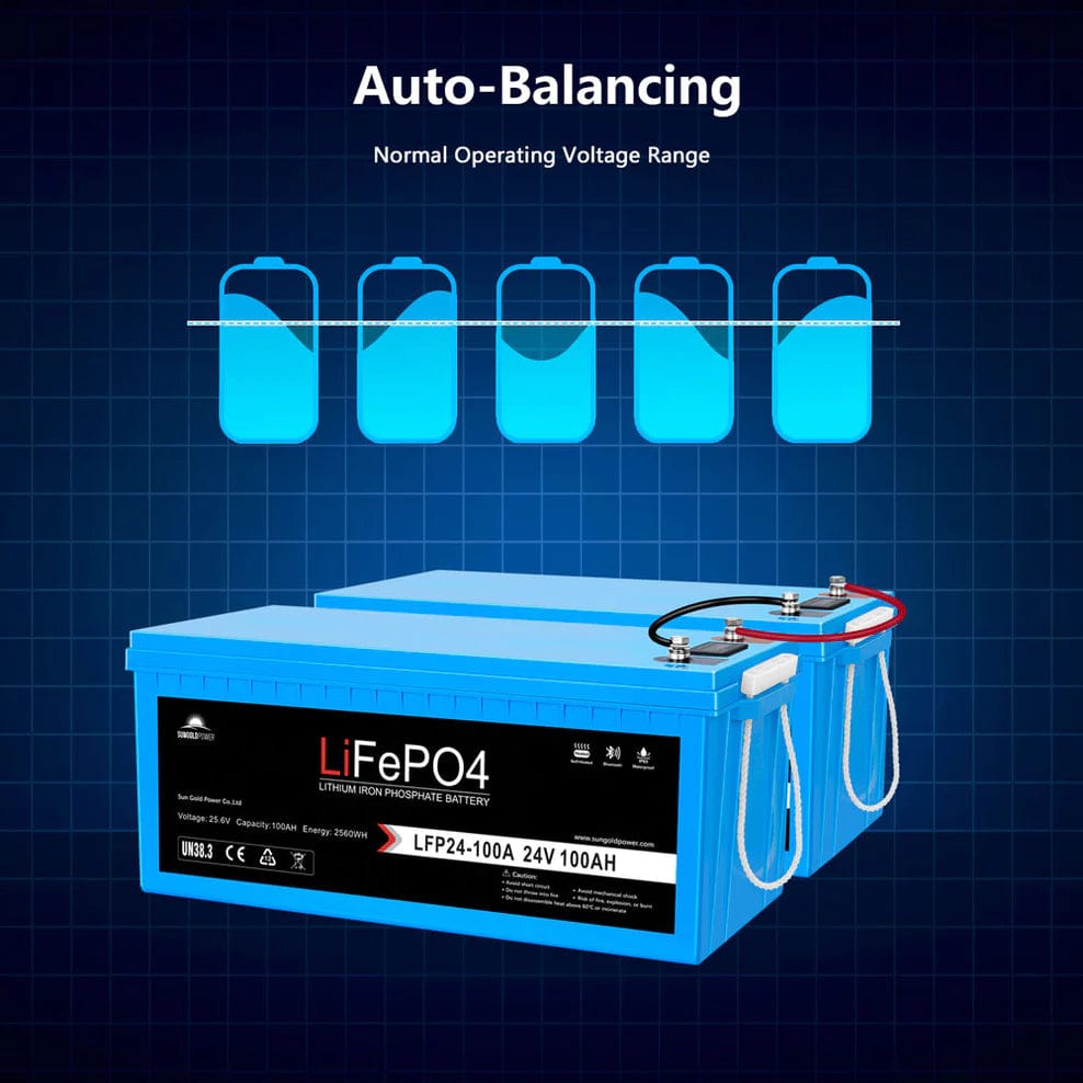 SunGoldPower 24V 100Ah LiFePo4 Deep Cycle Lithium Battery Bluetooth / Self-Heating / IP65