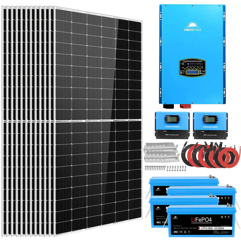 SunGoldPower Complete off Grid Solar Kit 12000W 48V 120V/240V output 10.24KWH Lithium Battery 5400W