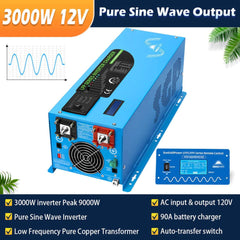 SunGold Power Off-Grid 3000W Inverter 12VDC 120V Output LifePo4 Battery 600W Back Up Solar Kit