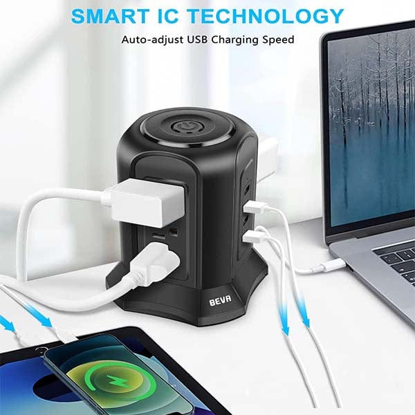 Power Charging Station Tower with 6ft Extension Cord- showing smart ic features