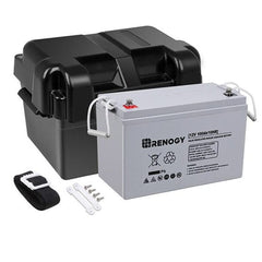 Renogy 12V100Ah AGM Deep Cycle Battery with Box- front view with box & tools
