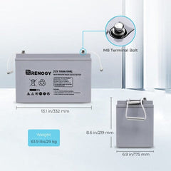 Renogy 12V100Ah AGM Deep Cycle Battery with Box- showing some details & measurement