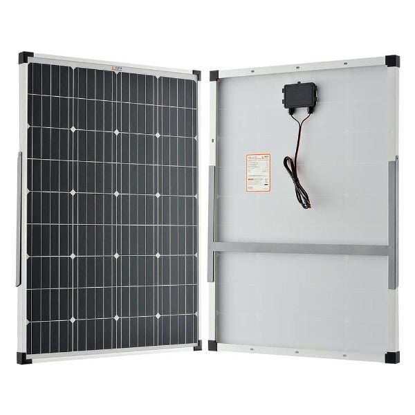 Rich Solar Mega 100W Monocrystalline Portable Solar Panel- front side view & back side view with kickstand folded