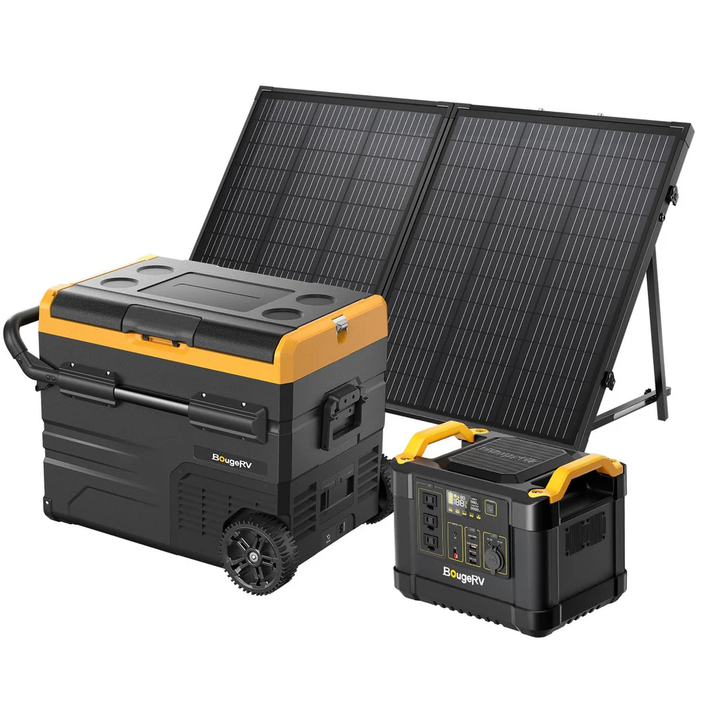 BougeRV 1100Wh Power Station + 1x 130W Solar Panel + 1x 48 Quarts Solar Fridge Freezer Travel Kit