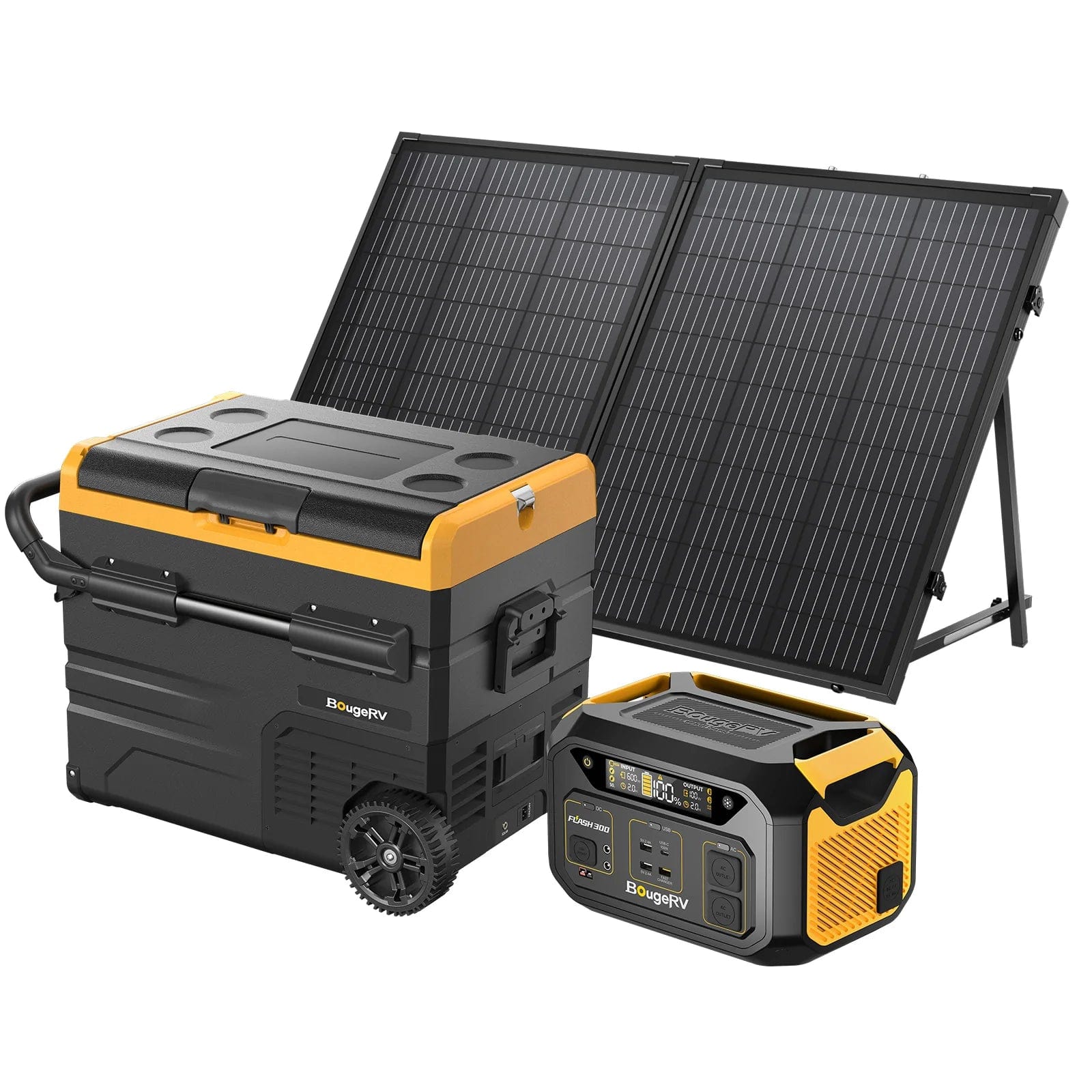 BougeRV Flash300 286Wh Power Station + 1x 130W Solar Panel + 1x 48 Quarts Solar Fridge Freezer Travel Kit