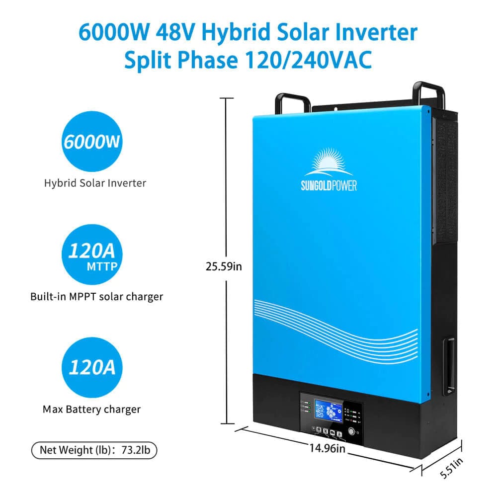 SunGoldPower 6000W 48V Hybrid Solar Inverter Split Phase 120/240VAC (Grid Feedback & Batteryless)