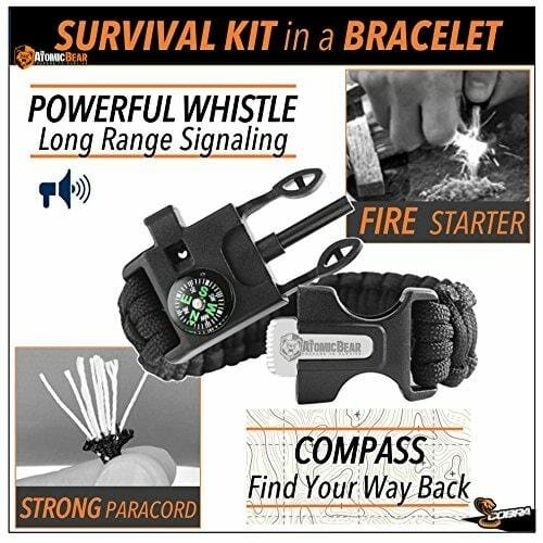 Atomic Bear Paracord Bracelet (2 Pack) – Adjustable Size – Fire Starter – Loud Whistle – Emergency Knife – Perfect for Hiking, Camping, Fishing and Hunting – Black & Black+Orange