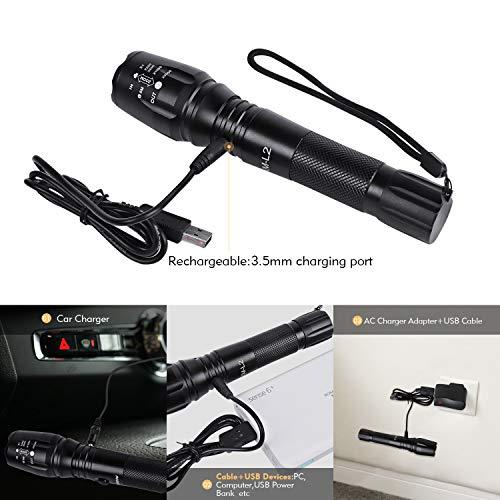Rechargeable Tactical Flashlight High Lumens LED 18650 5000mAh Battery Charger USB Cable Gift Box Included L2 Waterproof Big Torch Portable Adjustable Aluminum Flash Light For Emergency Camping Hiking