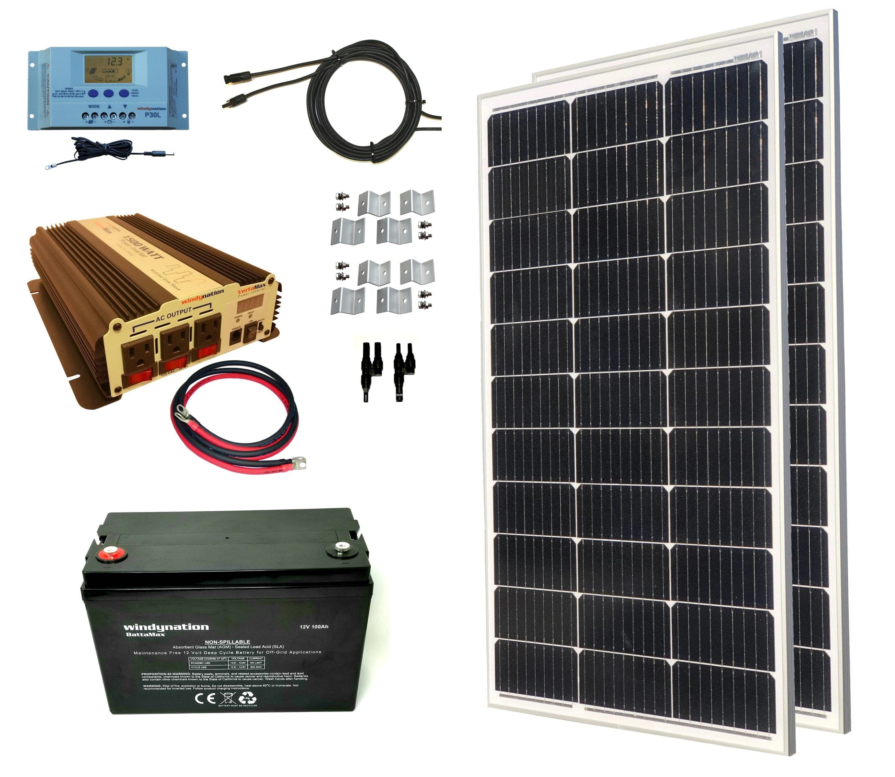 Windy Nation 100Ah Battery, P30L Controller, 1500W Inverter, 2x100W Mono Solar Panel Kit