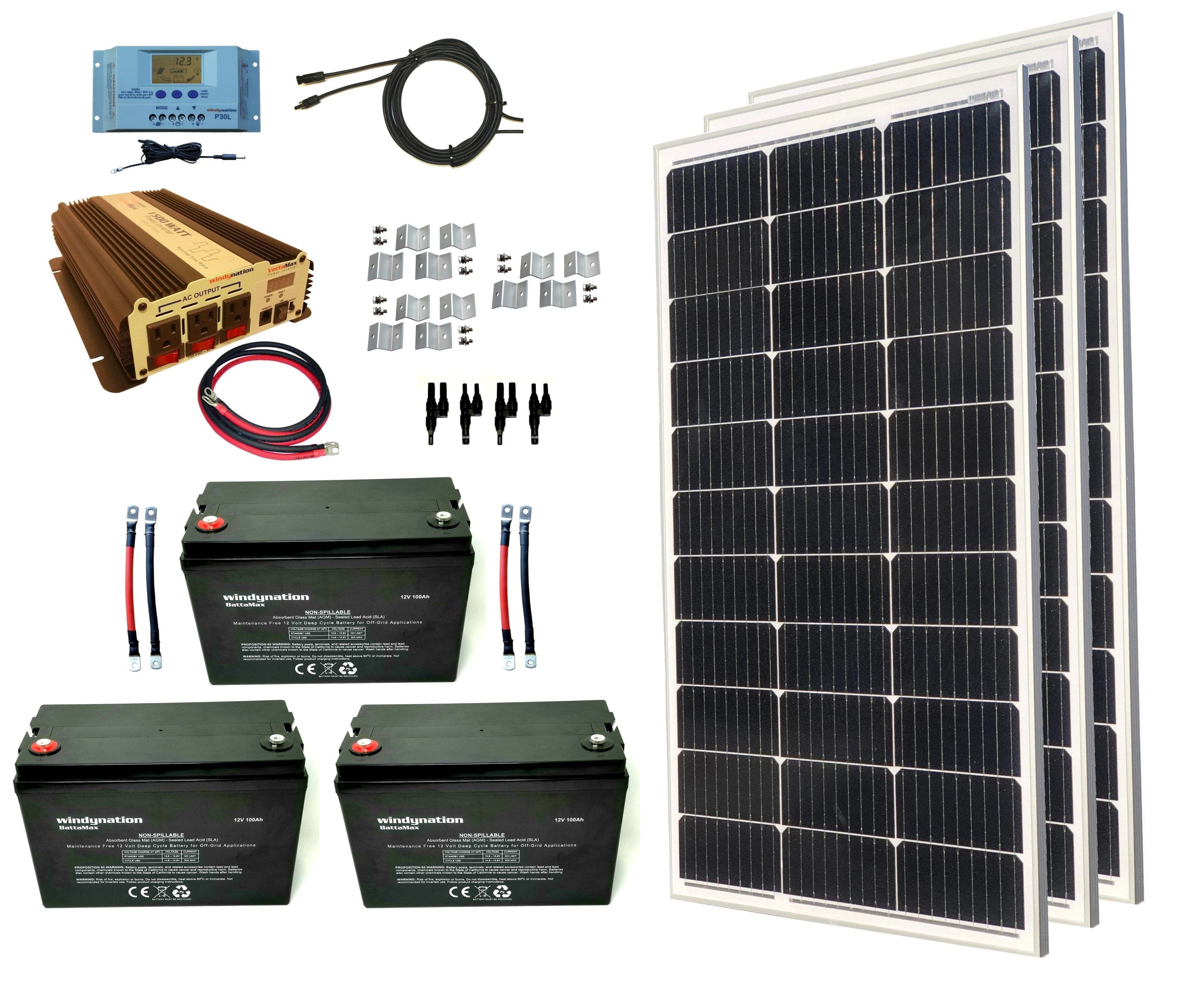 Windy Nation 3x 100Ah Battery + 1x P30L Charge Controller + 1x 1500W Inverter + 3x 100W Monocrystalline Solar Panel Complete Kit
