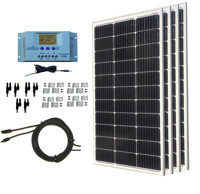 Windy Nation 1x P30L LCD Solar Charge Controller + 4x 100W Monocrystalline Solar Panel Kit